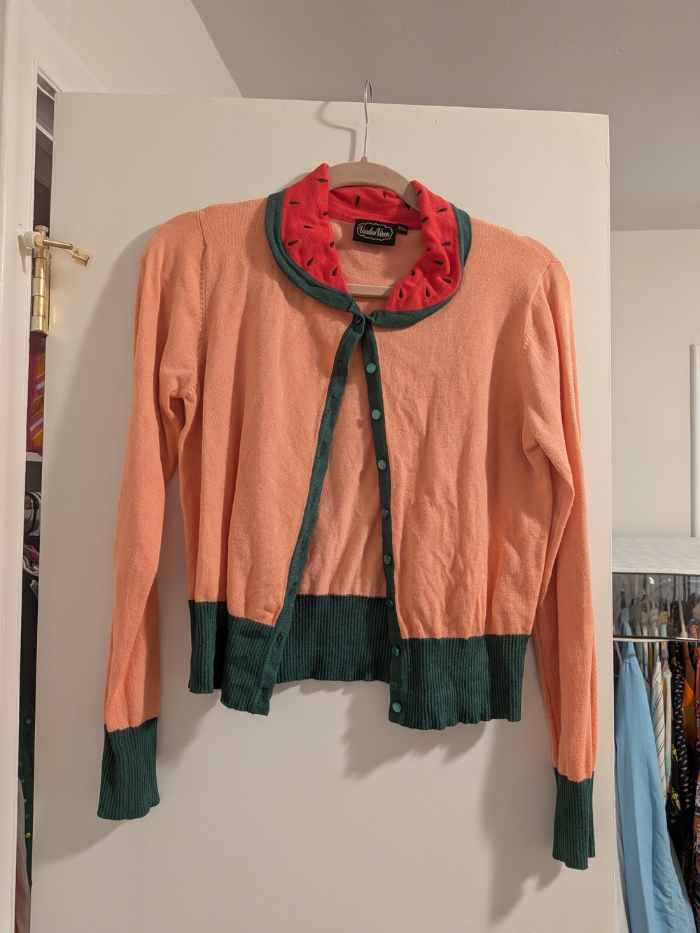 Voodoo Vixen Peach Cardigan with Green Trim and Watermelon Collar